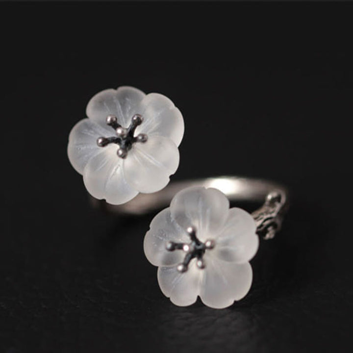 Buddha Stones 925 Sterling Silber Weißer Kristall Doppelte Pflaumenblüte Verstellbarer Schutzring