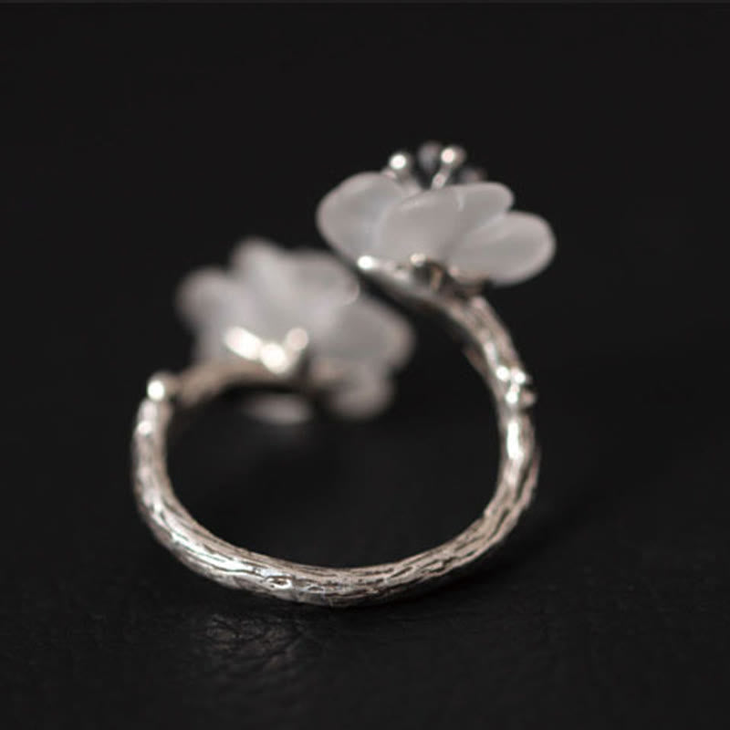 Buddha Stones 925 Sterling Silber Weißer Kristall Doppelte Pflaumenblüte Verstellbarer Schutzring