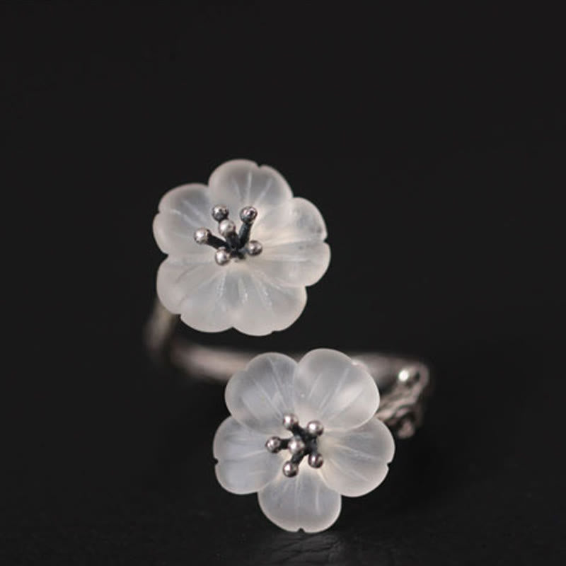 Buddha Stones 925 Sterling Silber Weißer Kristall Doppelte Pflaumenblüte Verstellbarer Schutzring