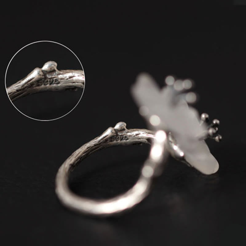 Buddha Stones 925 Sterling Silber Weißer Kristall Doppelte Pflaumenblüte Verstellbarer Schutzring
