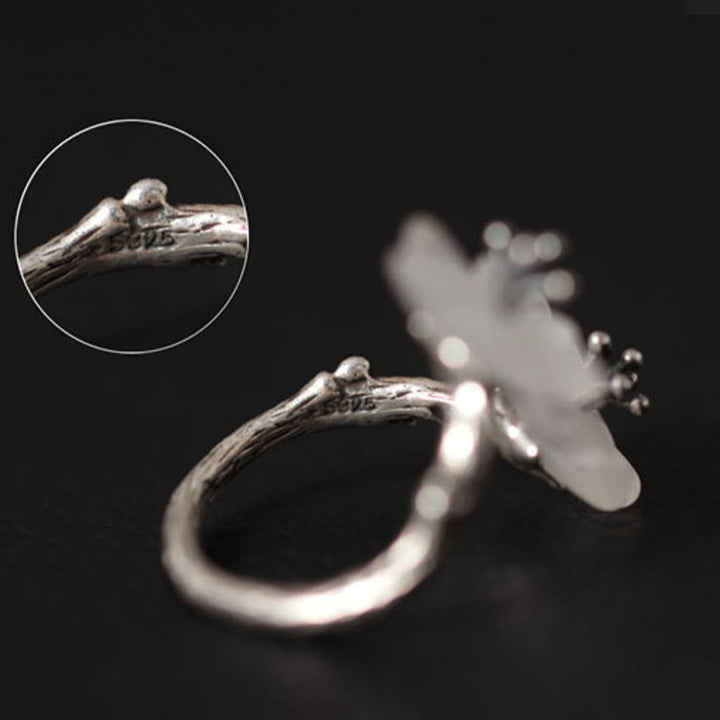Buddha Stones 925 Sterling Silber Weißer Kristall Doppelte Pflaumenblüte Verstellbarer Schutzring