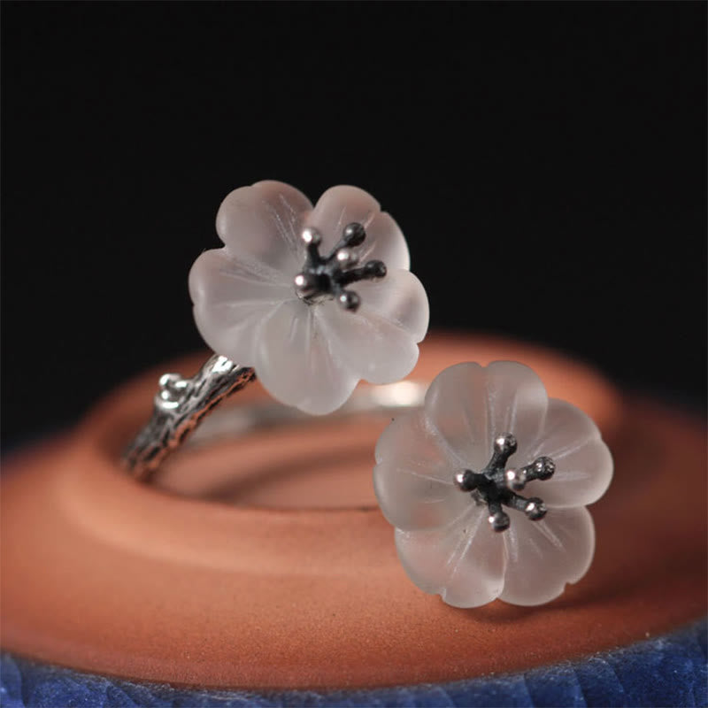 Buddha Stones 925 Sterling Silber Weißer Kristall Doppelte Pflaumenblüte Verstellbarer Schutzring