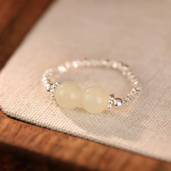 Buddha Stones 925 Sterling Silber Natürliche kleine Hetian Jade Perle Glück Elastischer Ring - Zwei Jades (Gummischnur) - image 8