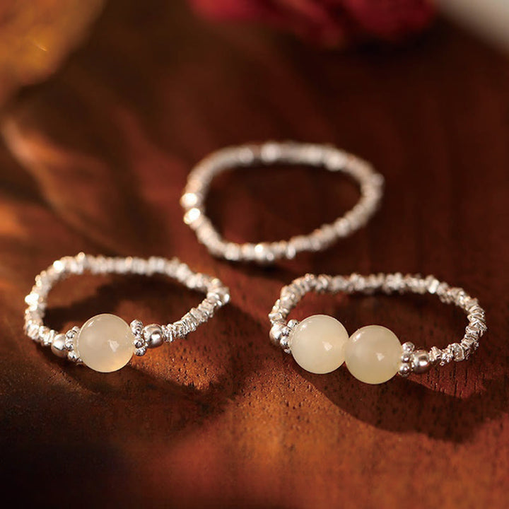 Buddha Stones 925 Sterling Silber Natürliche kleine Hetian Jade Perle Glück Elastischer Ring - image 1