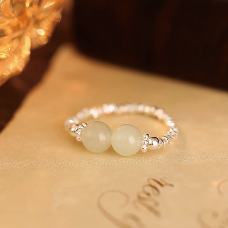 Buddha Stones 925 Sterling Silber Natürliche kleine Hetian Jade Perle Glück Elastischer Ring - image 9