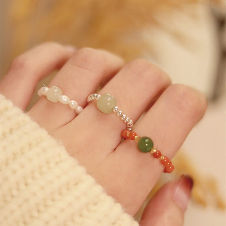 Buddha Stones 925 Sterling Silber Natürlicher kleiner Hetian Jade Roter Achat Perlenperle Wohlstand Elastischer Ring - image 0
