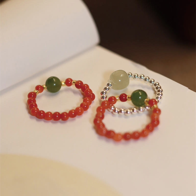 Buddha Stones 925 Sterling Silber Natürlicher kleiner Hetian Jade Roter Achat Perlenperle Wohlstand Elastischer Ring - image 11