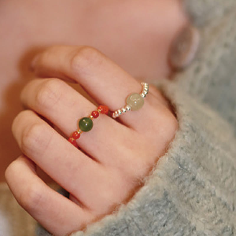 Buddha Stones 925 Sterling Silber Natürlicher kleiner Hetian Jade Roter Achat Perlenperle Wohlstand Elastischer Ring - image 13