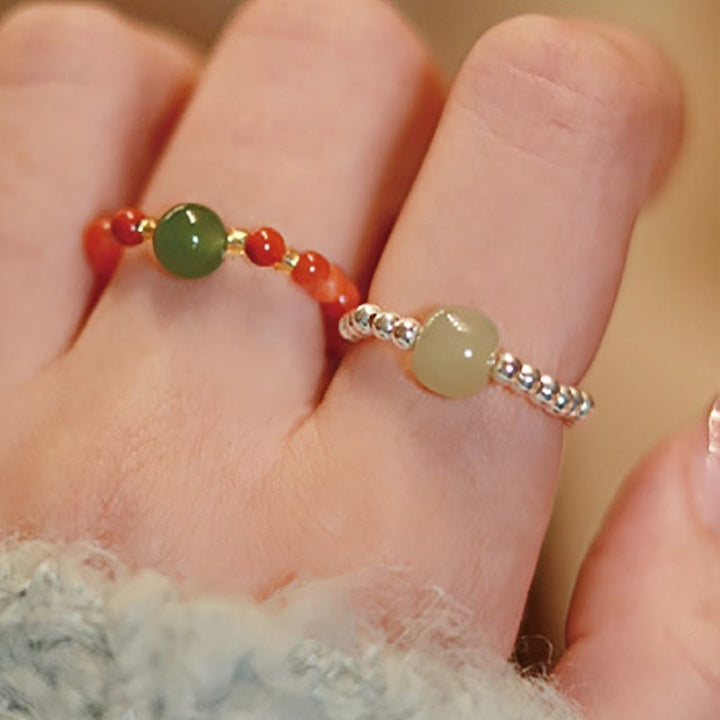 Buddha Stones 925 Sterling Silber Natürlicher kleiner Hetian Jade Roter Achat Perlenperle Wohlstand Elastischer Ring - image 14