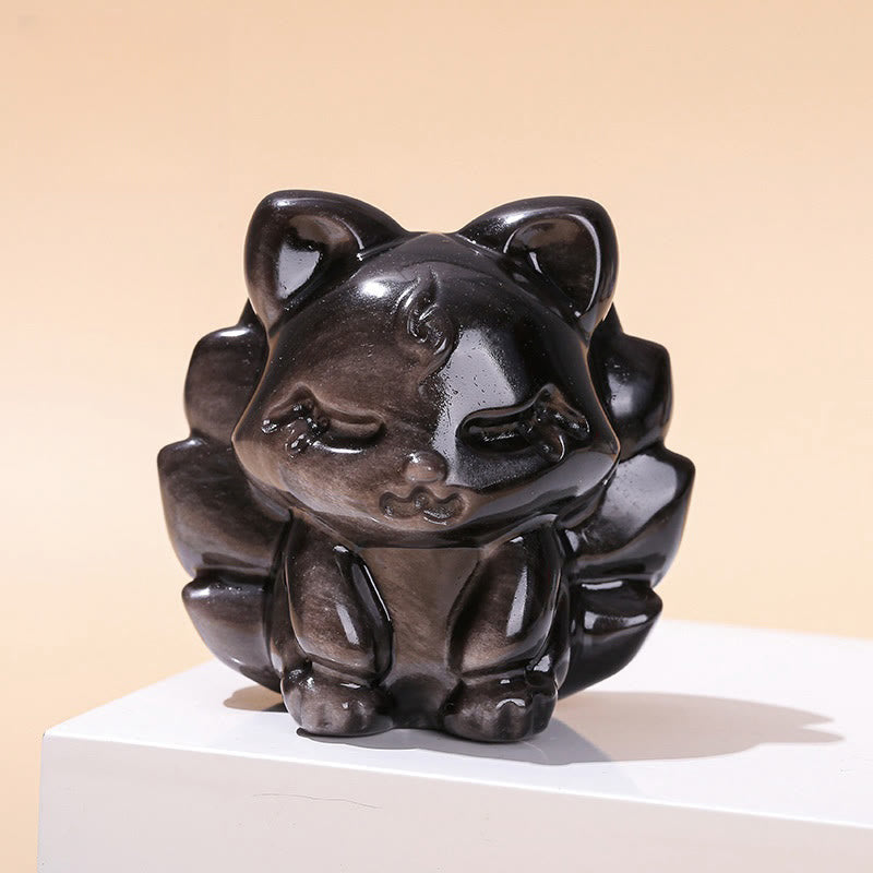 Buddha Stones, natürlicher Silberglanz, Obsidian, neunschwänziger Fuchs, Schutz, Heimdekoration - Silberner Obsidianfuchs 7*6,8*5cm - image 0