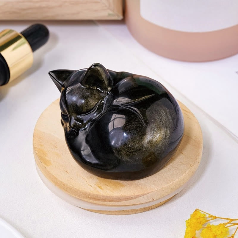 Buddha Stones, natürlicher Goldglanz, Obsidian, schlafende Katze, Statue, Heimdekoration - image 3