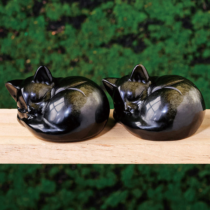 Buddha Stones, natürlicher Goldglanz, Obsidian, schlafende Katze, Statue, Heimdekoration - image 1