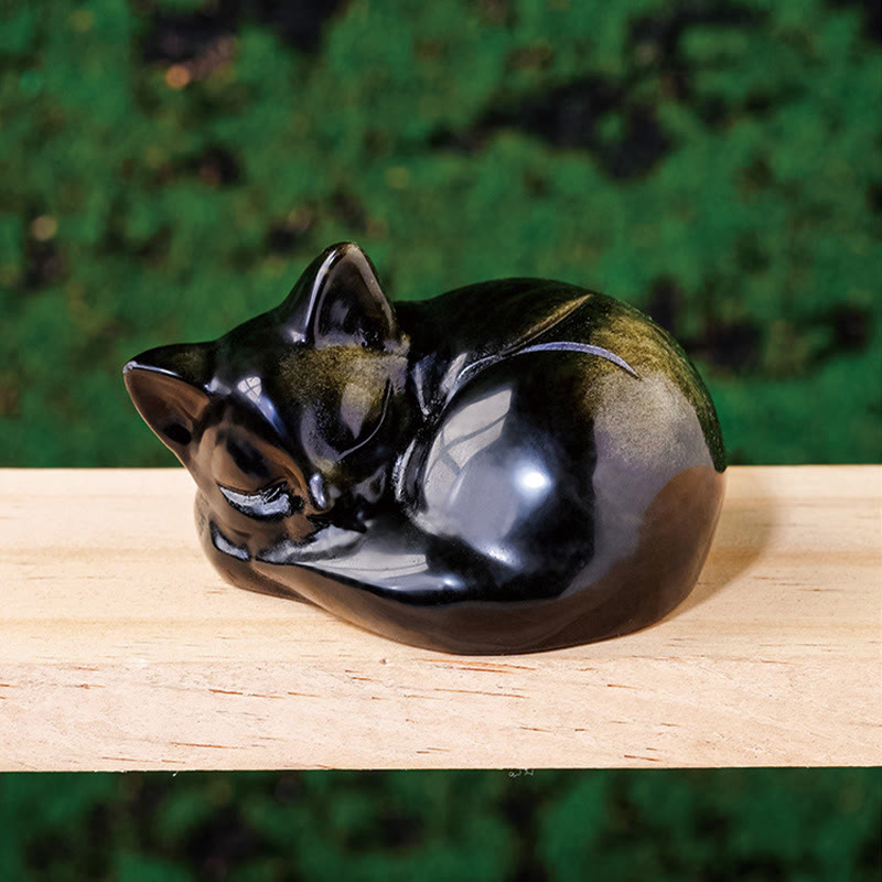 Buddha Stones, natürlicher Goldglanz, Obsidian, schlafende Katze, Statue, Heimdekoration - Goldglanz-Obsidian 6*5cm - image 2