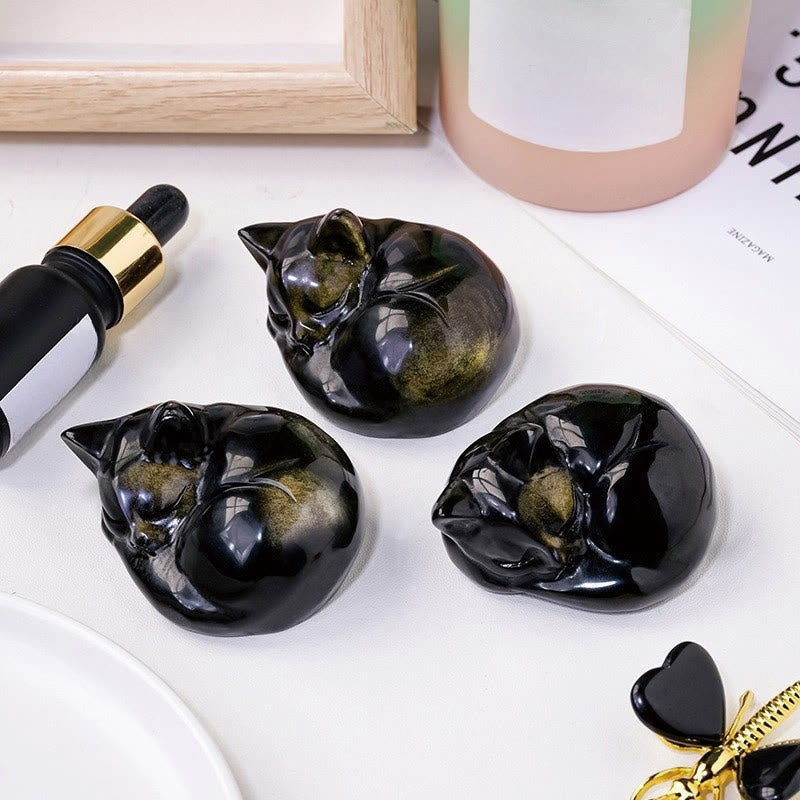 Buddha Stones, natürlicher Goldglanz, Obsidian, schlafende Katze, Statue, Heimdekoration - image 5