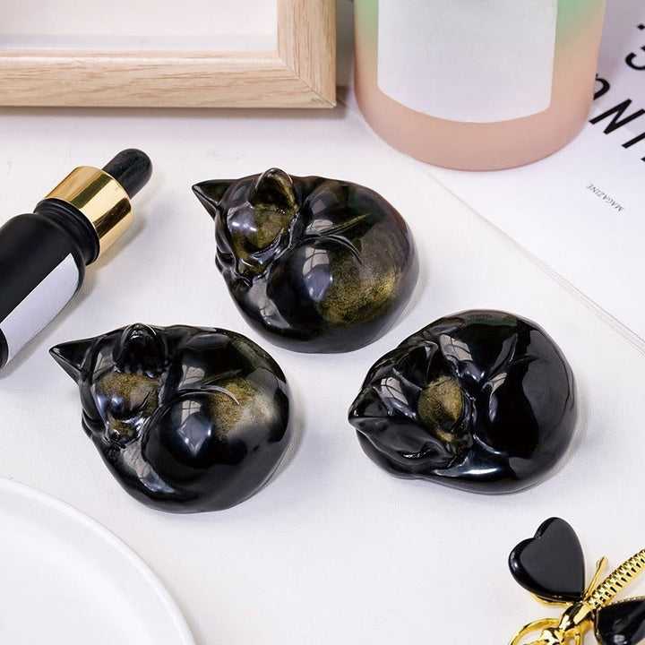 Buddha Stones, natürlicher Goldglanz, Obsidian, schlafende Katze, Statue, Heimdekoration - image 5