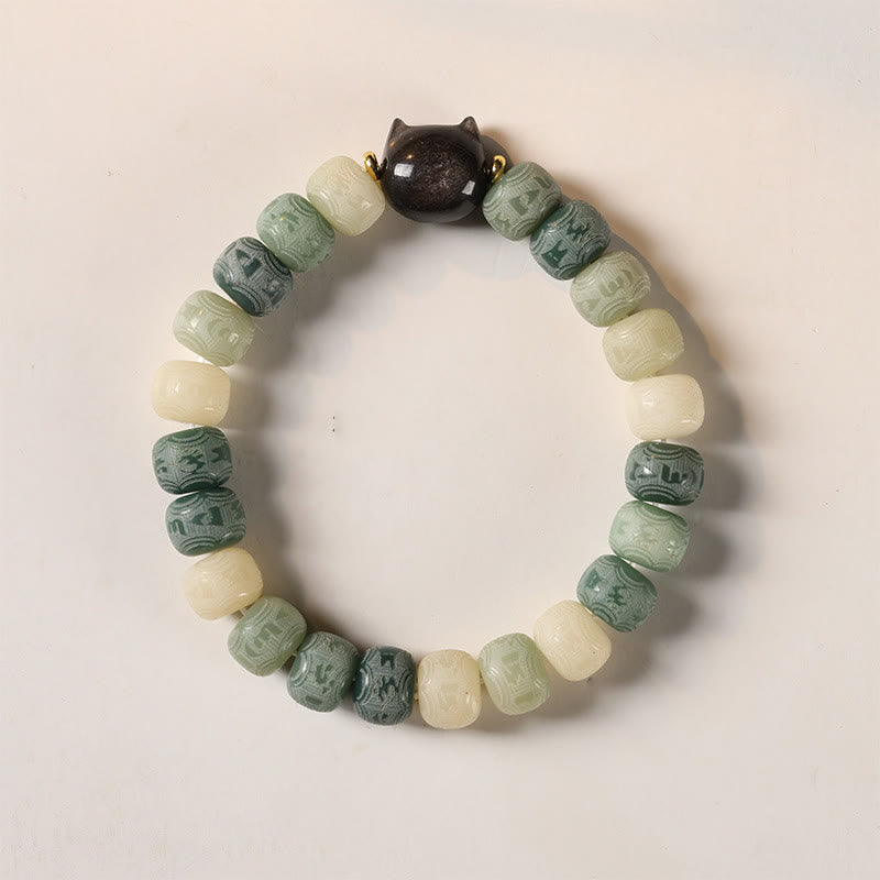 Buddha Stones, Bodhi-Samen, Om Mani Padme Hum, geschnitztes Silber, Glanz, Obsidian, Katzenkopf, Weisheitsarmband - 8 x 10 mm grüner Bodhi-Samen (Handgelenkumfang 14–16 cm) - image 10
