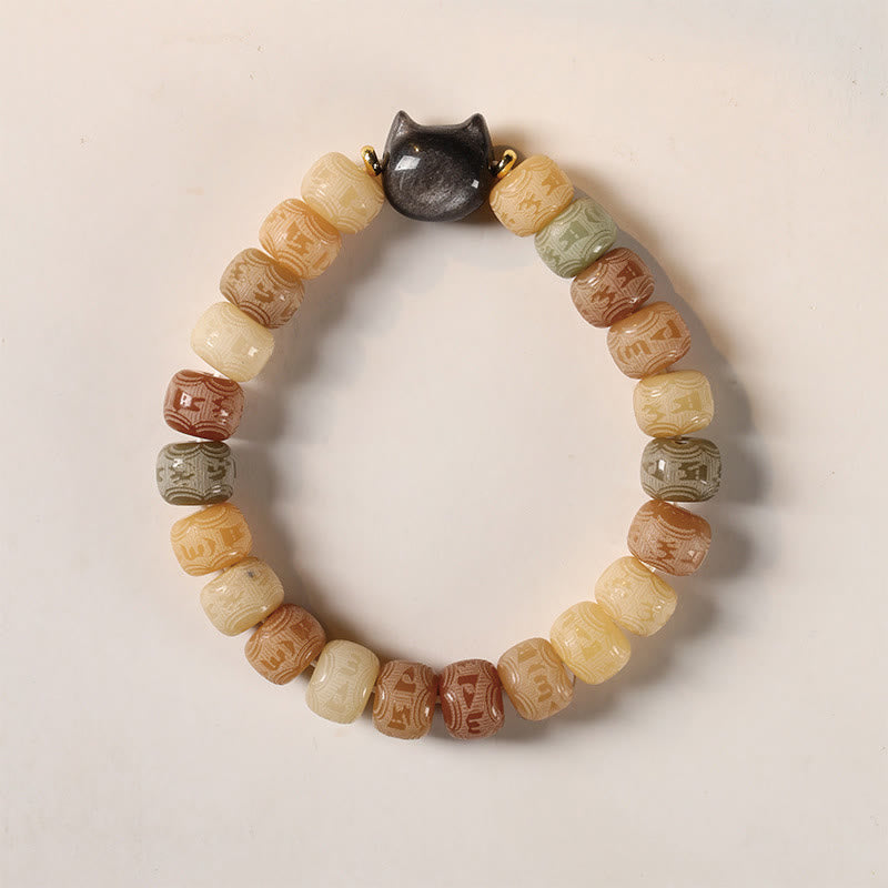 Buddha Stones, Bodhi-Samen, Om Mani Padme Hum, geschnitztes Silber, Glanz, Obsidian, Katzenkopf, Weisheitsarmband - image 2