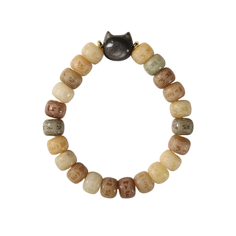 Buddha Stones, Bodhi-Samen, Om Mani Padme Hum, geschnitztes Silber, Glanz, Obsidian, Katzenkopf, Weisheitsarmband - image 7