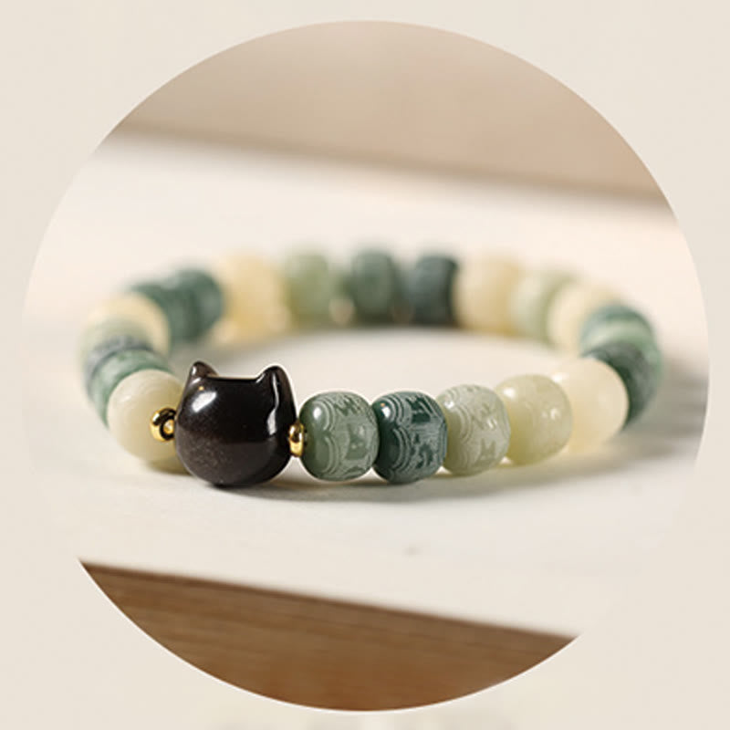 Buddha Stones, Bodhi-Samen, Om Mani Padme Hum, geschnitztes Silber, Glanz, Obsidian, Katzenkopf, Weisheitsarmband - image 16