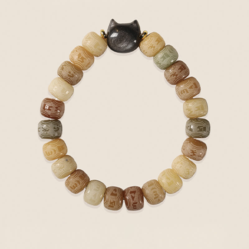 Buddha Stones, Bodhi-Samen, Om Mani Padme Hum, geschnitztes Silber, Glanz, Obsidian, Katzenkopf, Weisheitsarmband - image 4