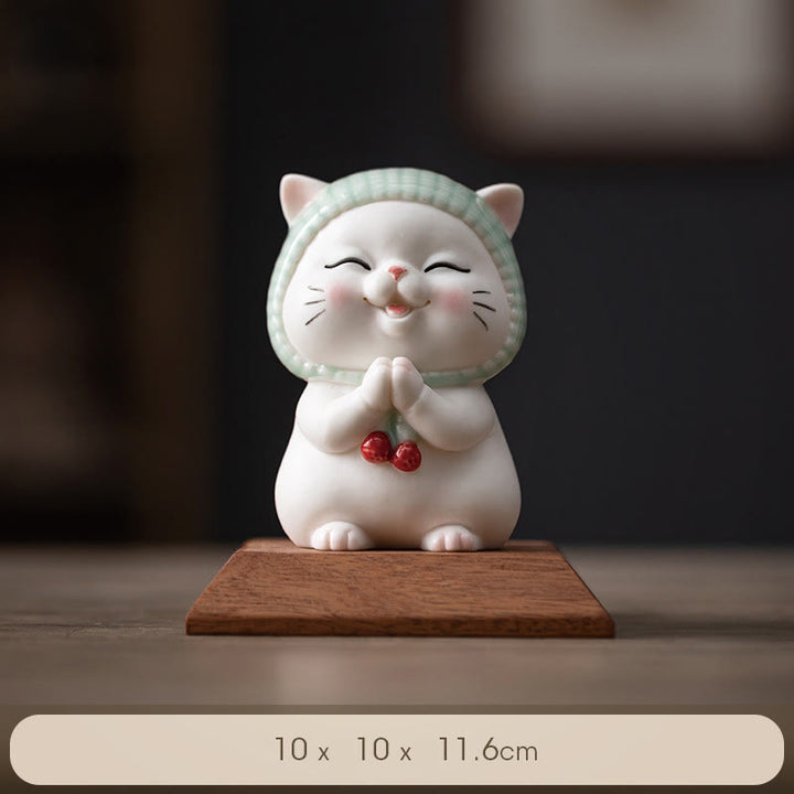 Buddha Stones Glückskatze mit Schal, Keramikfigur, Dekoration - Katze + Holzsockel 10*10*11,6 cm - image 13