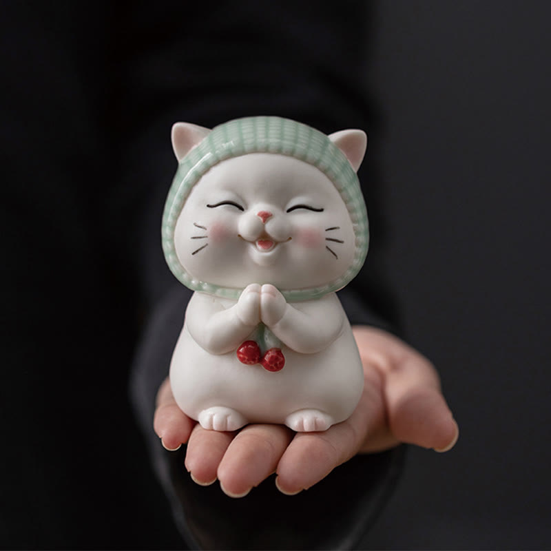 Buddha Stones Glückskatze mit Schal, Keramikfigur, Dekoration - Katze 5,7 * 6,4 * 9,1 cm - image 1