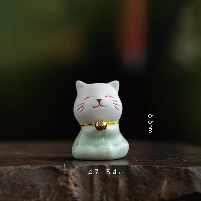 Buddha Stones Mini Lucky Cute Cat Hellgrün Weiß Keramik Figur Dekoration - Katze 4,5 x 8,1 x 5,3 cm - image 16