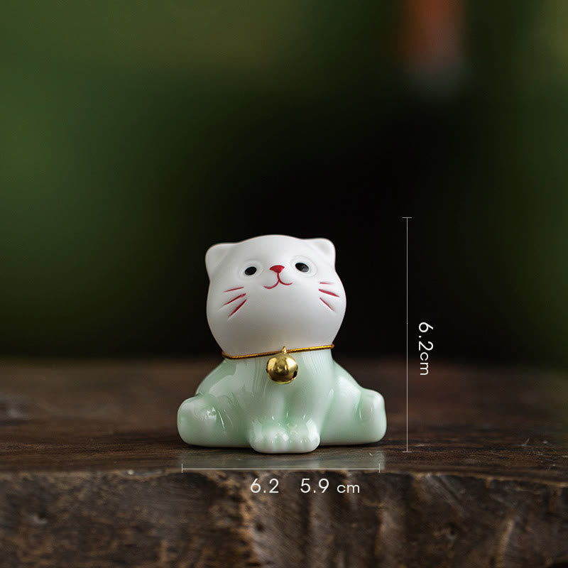 Buddha Stones Mini Lucky Cute Cat Hellgrün Weiß Keramik Figur Dekoration - Katze 6,2 x 5,9 x 6,2 cm - image 4