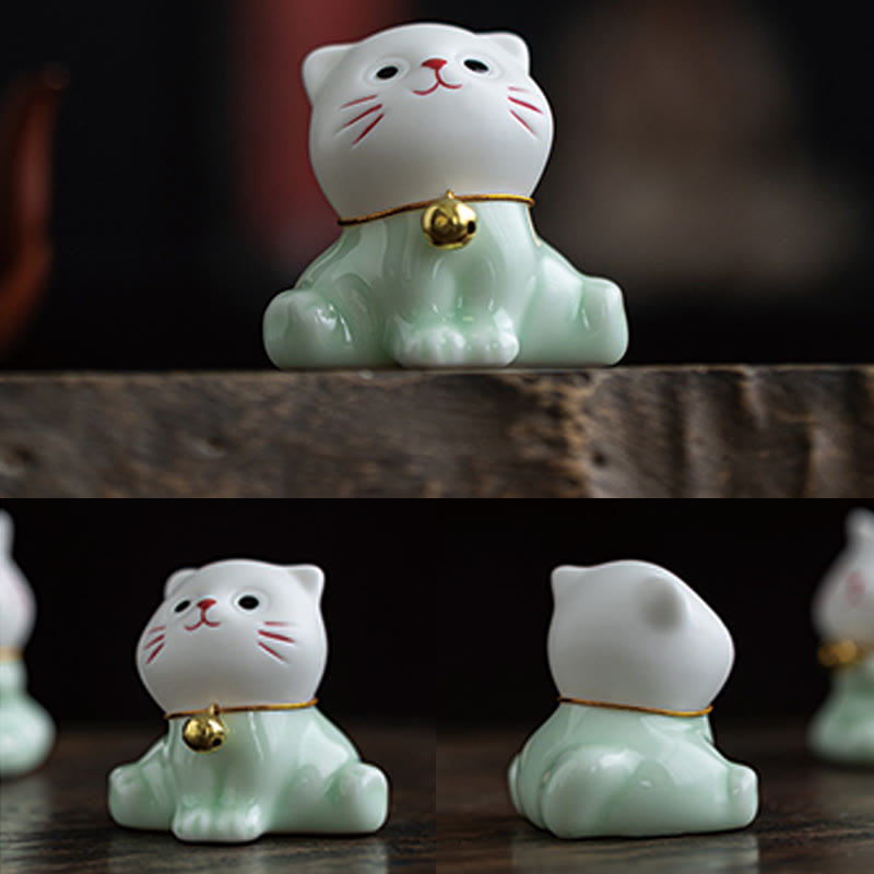 Buddha Stones Mini Lucky Cute Cat Hellgrün Weiß Keramik Figur Dekoration - image 11