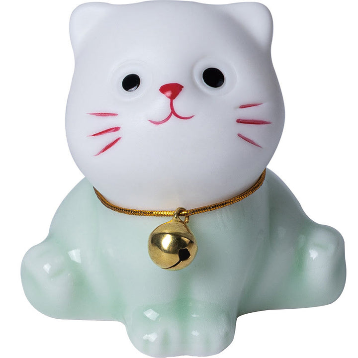 Buddha Stones Mini Lucky Cute Cat Hellgrün Weiß Keramik Figur Dekoration - image 13