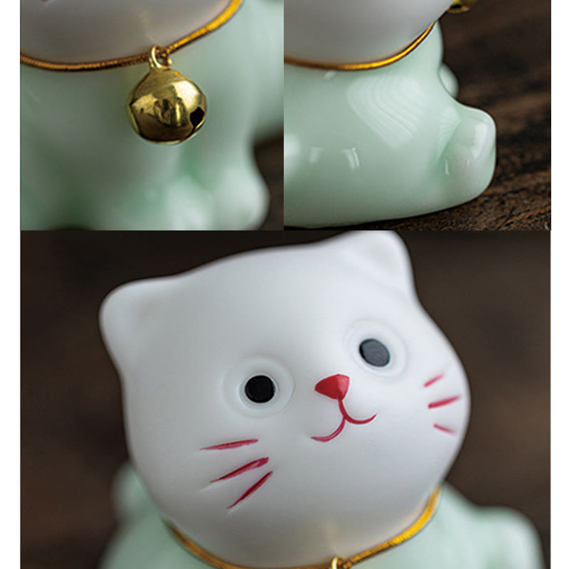 Buddha Stones Mini Lucky Cute Cat Hellgrün Weiß Keramik Figur Dekoration - image 11