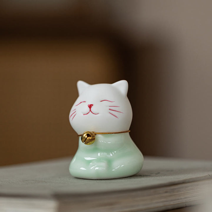 Buddha Stones Mini Lucky Cute Cat Hellgrün Weiß Keramik Figur Dekoration - image 18