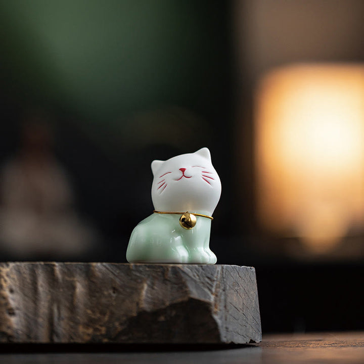 Buddha Stones Mini Lucky Cute Cat Hellgrün Weiß Keramik Figur Dekoration - image 4