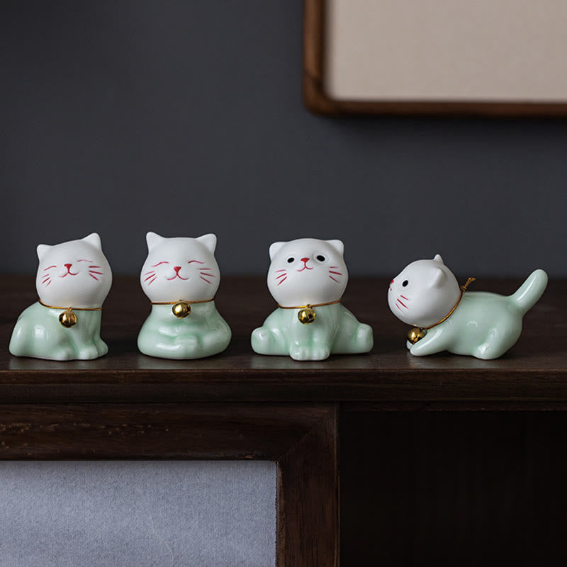 Buddha Stones Mini Lucky Cute Cat Hellgrün Weiß Keramik Figur Dekoration - image 2