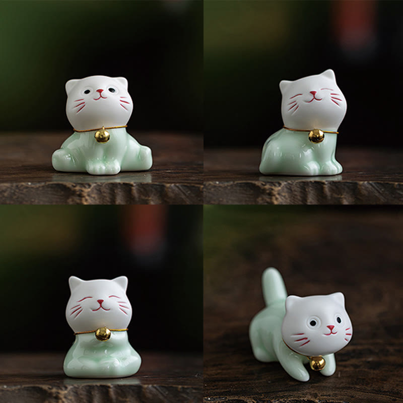 Buddha Stones Mini Lucky Cute Cat Hellgrün Weiß Keramik Figur Dekoration - image 21