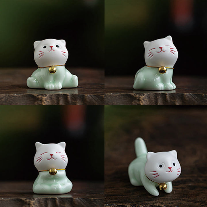 Buddha Stones Mini Lucky Cute Cat Hellgrün Weiß Keramik Figur Dekoration - image 21