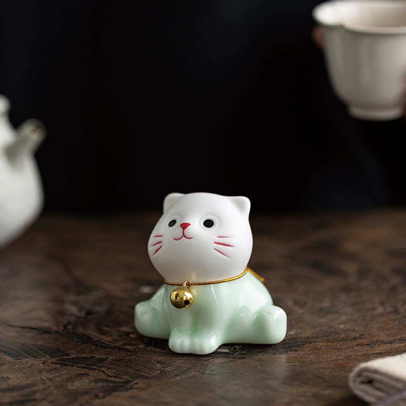 Buddha Stones Mini Lucky Cute Cat Hellgrün Weiß Keramik Figur Dekoration - image 8