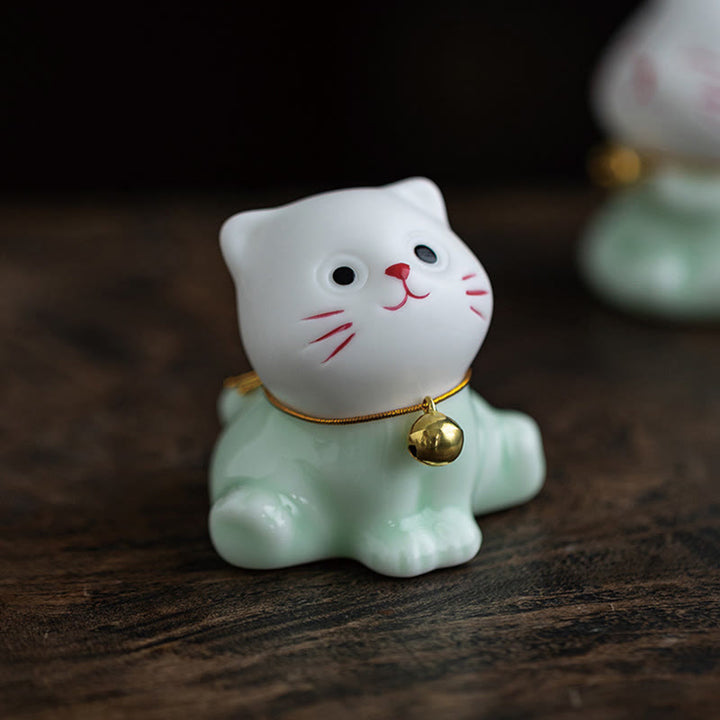 Buddha Stones Mini Lucky Cute Cat Hellgrün Weiß Keramik Figur Dekoration - image 5