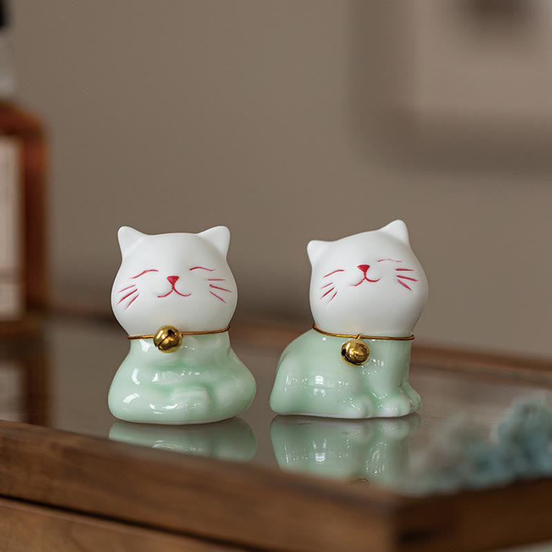 Buddha Stones Mini Lucky Cute Cat Hellgrün Weiß Keramik Figur Dekoration - image 19