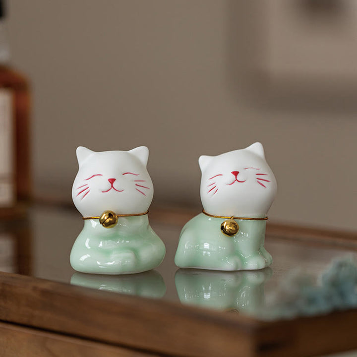 Buddha Stones Mini Lucky Cute Cat Hellgrün Weiß Keramik Figur Dekoration - image 19