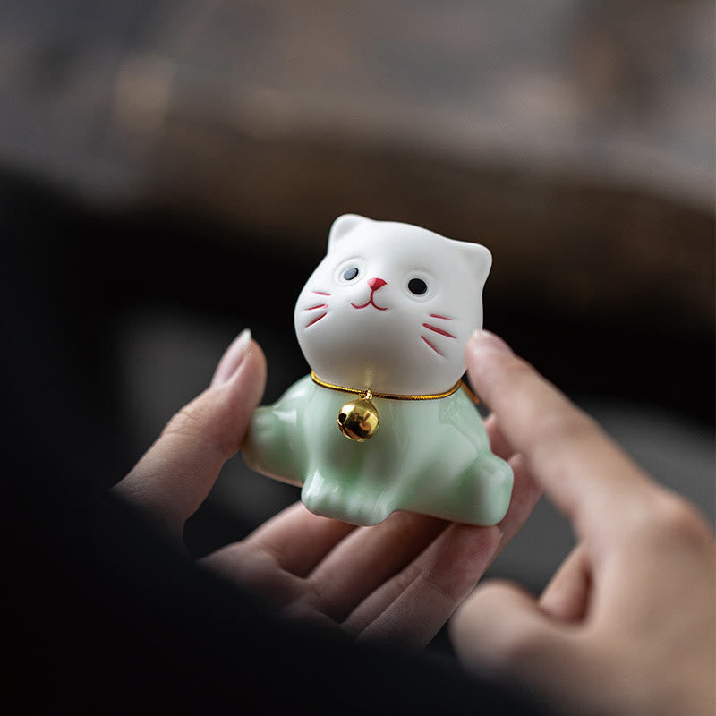 Buddha Stones Mini Lucky Cute Cat Hellgrün Weiß Keramik Figur Dekoration - image 9