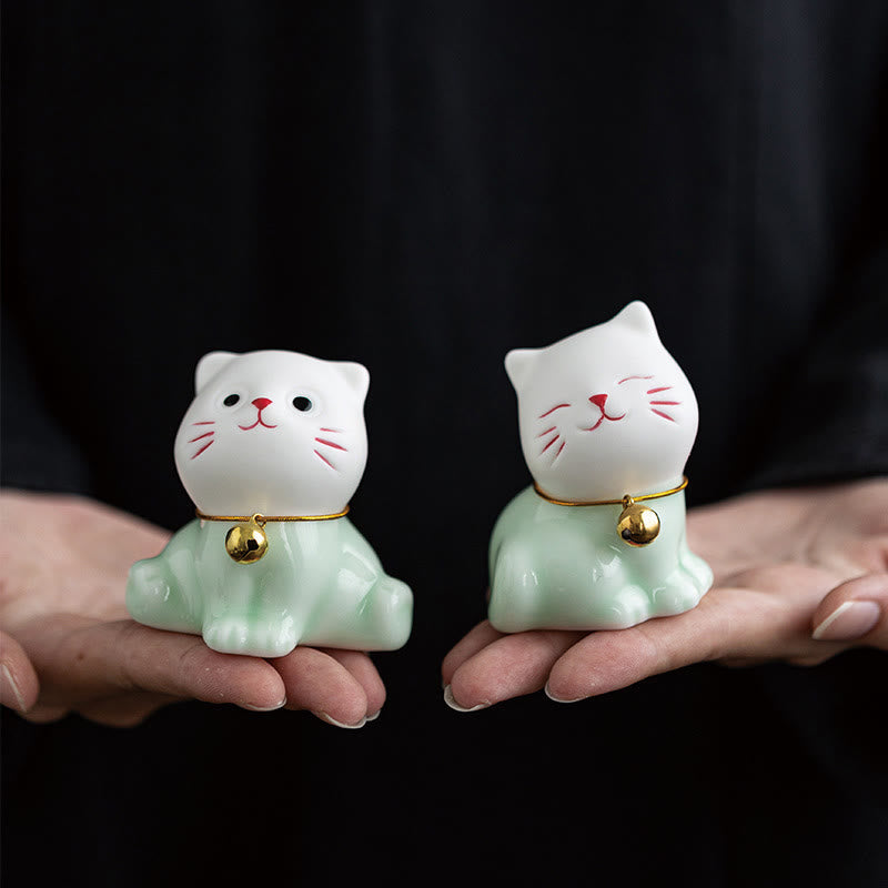 Buddha Stones Mini Lucky Cute Cat Hellgrün Weiß Keramik Figur Dekoration - image 1
