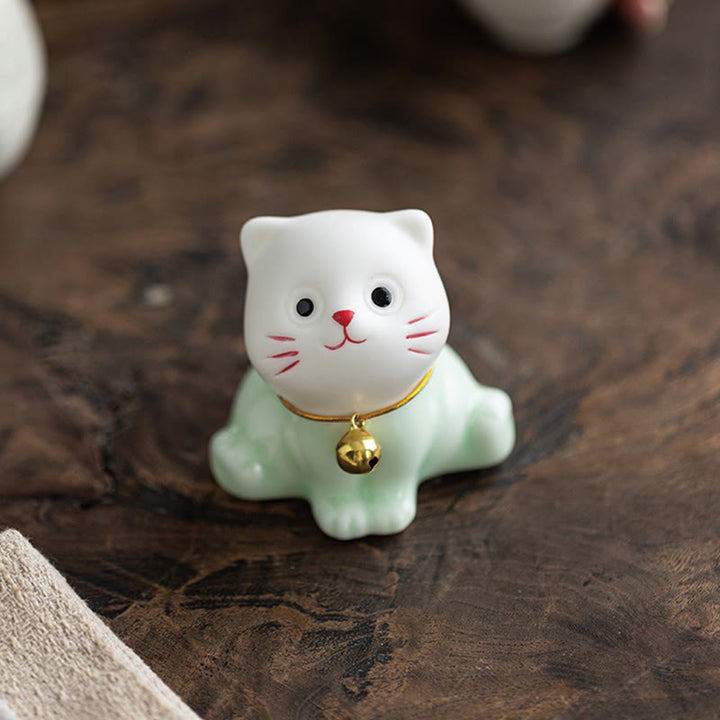 Buddha Stones Mini Lucky Cute Cat Hellgrün Weiß Keramik Figur Dekoration - image 6