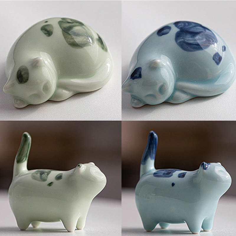 Buddha Stones Mini Lucky Cute Spotted Stehende Katze Schlafendes Kätzchen Keramik Figur Dekoration - image 24