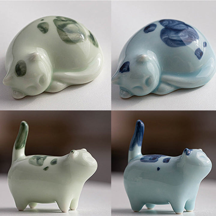 Buddha Stones Mini Lucky Cute Spotted Stehende Katze Schlafendes Kätzchen Keramik Figur Dekoration - image 24