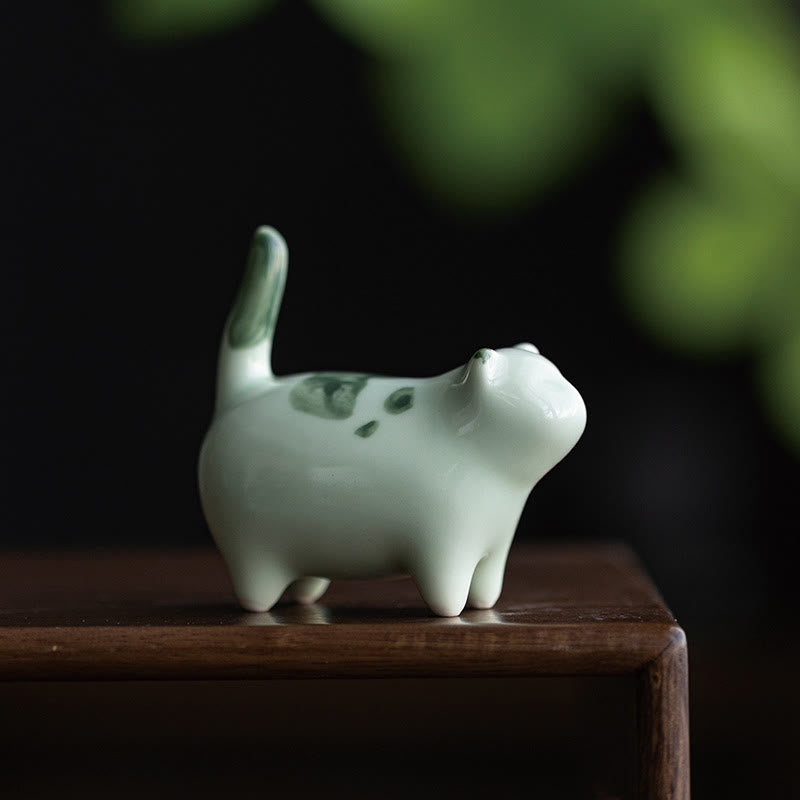 Buddha Stones Mini Lucky Cute Spotted Stehende Katze Schlafendes Kätzchen Keramik Figur Dekoration - Grüne stehende Katze 7,7 * 4,3 * 7,7 cm - image 1