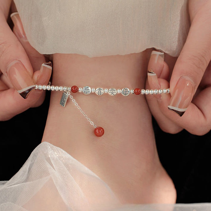 Buddha Stones aus 925er Sterlingsilber, kleine Perlen, roter Achat, Segen für Frieden und Freude - Silbernes Fußkettchen (Umfang 18–22 cm) - image 0