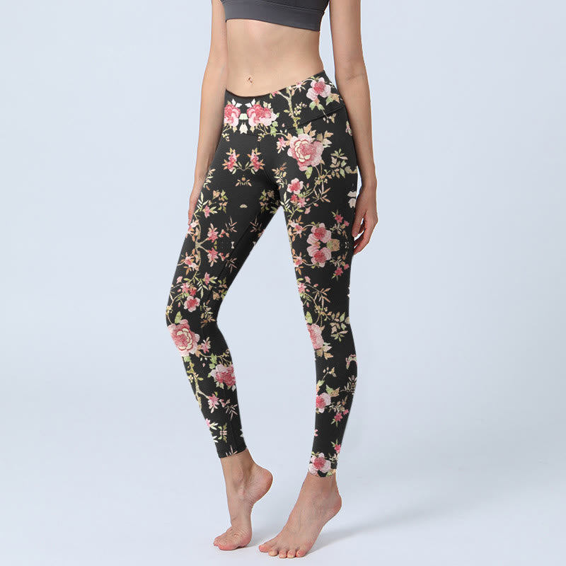 Buddha Stones Rose Flower Leaf Print Gym Leggings Damen Yogahose - Schwarz - US18, UK/AU22, EU50 (4XL) - image 0
