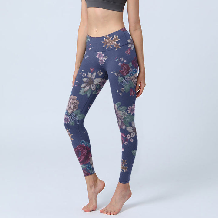 Buddha Stones Rote Rose Pfingstrose Chrysantheme Print Gym Leggings Damen Yogahose - Schieferblau - US18, UK/AU22, EU50 (4XL) - image 0