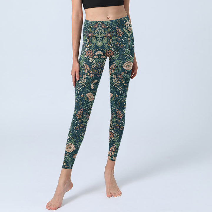 Buddha Stones Grüne Nähte Blumen Ranken Musterdruck Gym Leggings Damen Yogahose